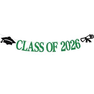 Class of 2026 Banner, Congrats Grad Bunting Sign for 2026 High School College Graduation Bachelor Master Party Decorations Supplies, Black and Green Glitter