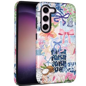 Mainrenka Summer Beach Case for Samsung Galaxy S23+ Plus, Aesthetic Cute Flower Bow Ocean Collage Phone Case Hybrid 2-Layer Hard Shell Shockproof Design Protective Cover Women Girls Mens