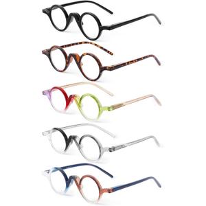 JM 5 Pack Round Reading Glasses for Women Men, Vintage Small Blue Light Blocking Computer Readers with Spring Hinges 1.25