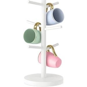 Wisuce Black Coffee Mug Tree Bamboo Mug Holder Coffee Cup Stand Mug Holders for Countertop Rack Organizer Stand (White)