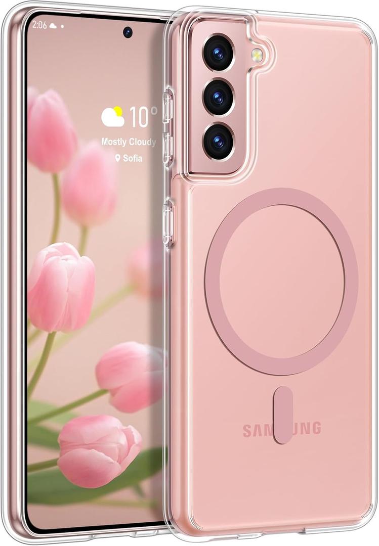Rayboen for Samsung Galaxy S21 Case, Compatible with Magsafe, Classic Crystal Clear Slim Shockproof Protective Phone Cover for Samsung S21 5G with Transparent Hard PC Back, Pink Magnetic Ring