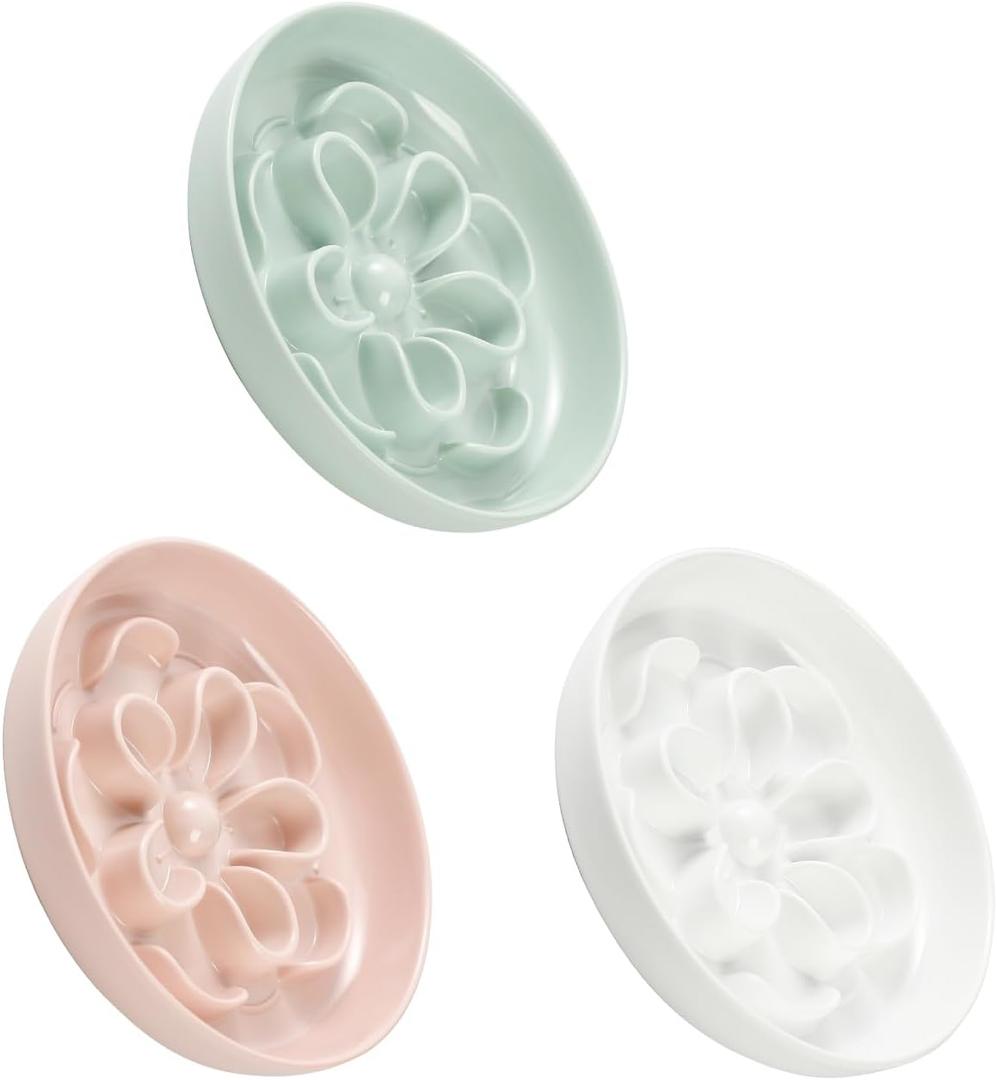 Melamine Cat Slow Feeder Bowl Set - Floral Maze Food Dishes for Cats and Small Dogs - Shallow Wide Plates for Dry & Wet Food - 3 Pack - White & Pink & Green
