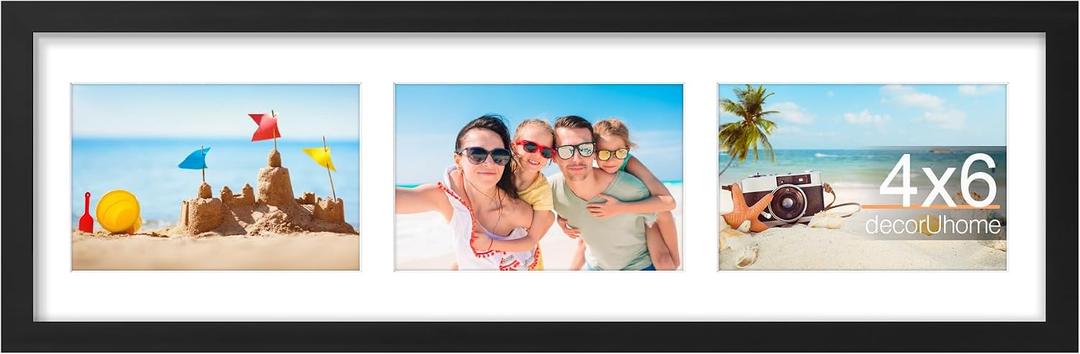 DecorUhome 6x20 Picture Frames Collage Wall Decor, Display 3Pcs 4x6 Photos with Mat or 1Pcs 6x20 Unmatted, 3 4x6 Collage Picture Frames for Wall Mounting, Black