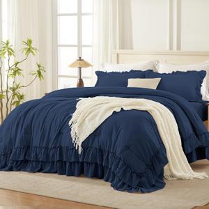 Andency Navy Blue Queen Comforter Set (90x90Inch), 3 Pieces Lightweight Fluffy Ruffle Bedding Comforter Sets for Queen Bed, Farmhouse Shabby Chic Soft Polyester All Season Bed Set