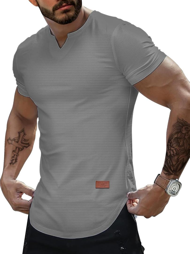 Muscle T Shirts for Men, Men's Waffle Henley Shirts Knit Muscle Fitted T Shirt V Neck Longline Tops Gym Workout Athletic Shirt Tees Grey, XX-Large