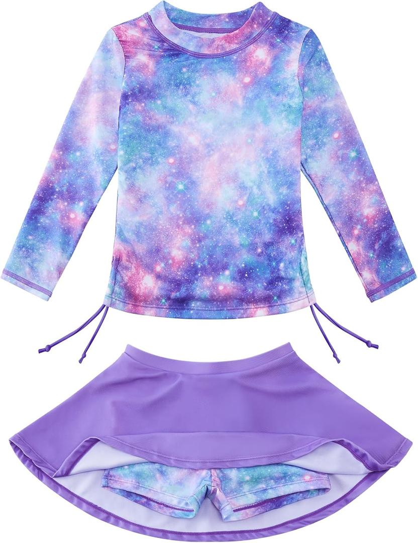 swimsobo Girls Swimsuit Rash Guard Long Sleeve Bathing Suit Two Piece Swimwear Swimming Skirt with Shorts 8T(Purple)