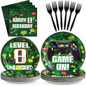 Grencian 96 Pcs 8th Video Game Party Decorations Plates for Boys Green 8th Supplies Level 8 Birthday Plates Green Disposable Gaming Tableware Set for 8th Birthday Party, Gamer 8 Years Old Favors
