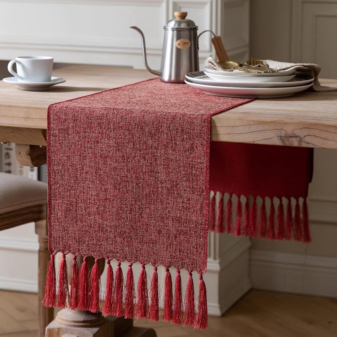 ZeeMart Red Table Runners 108 Inches Long, Burlap Linen Style Rustic Farmhouse Table Runner, Long Boho Dining Table Runner, 13x108 Inches, Red