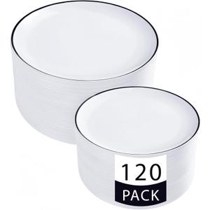 LIYH 120 Pcs White Plastic Plates with Black Rim - Plastic Disposable Plates Dishes for Party Includes Dinner 10.25" & Dessert Plate 7.5" for Party Birthdays New Years Day