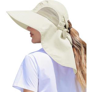 Womens Sun Hat Outdoor UV Protection Wide Brim Fishing Hat with Ponytail Hole Neck Flap for Beach Hiking Camping (Beige)