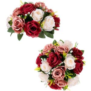BLOSMON Flower Centerpieces Decoration for Table: 2 Pcs Burgundy & Dusty Rose & Creamy White Fake Roses Kissing Flower for Wedding - Artificial Silk Floral Arrangements Home Party DIY Decoration