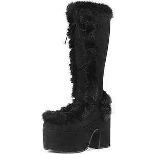 VIMISAOI Womens Mid Calf Boots, Lace Up Zip Block Chunky High Heel Punk Goth Warm Fur Winter Snow Platform Boots (5.5, Black)