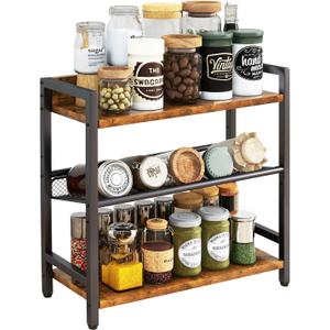 IBUYKE 3-Tier Spice Rack Industrial Counter Shelf Desktop Storage Organizer Standing Seasoning Rack for Countertop Kitchen Office Living Room Desktop Rustic Brown UTLJ021H