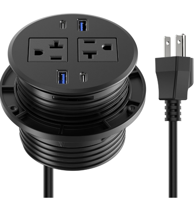 CCCEI 3.15 inch Power Grommet with USB Ports, Office Desk Hole Round Recessed Outlets, Flush Mount, Furniture Hidden High Amp Plug Station, Black, 6FT Extension Cord.