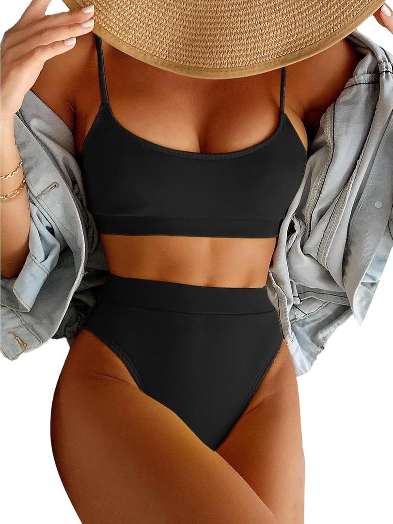 Lilosy High Waisted Tummy Control Ribbed Bikini Crop Top Brazilian Swimsuit Set 2 Piece (Large, Smooth Black)