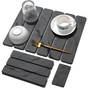 Small Stone Dish Drying Mat for Kitchen Counter, 2 PCS 16"12" & 8"x4" Quick Dry Stone Mats, Foldable Water Absorbing Diatomaceous Earth Drying Dish Pad for Countertop Bottles Utensils Cups(Dark Gray)