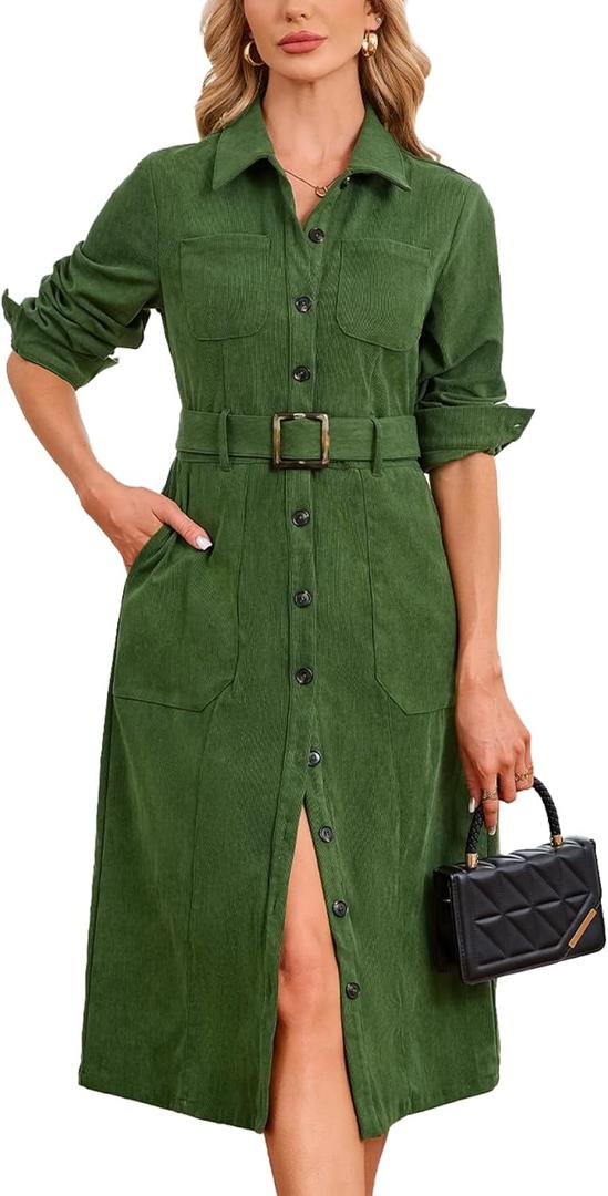 YEXPINE Women's Corduroy Midi Dress Long Sleeve Belted Button Down Shirt Long Dress with Pockets (Large, Green)