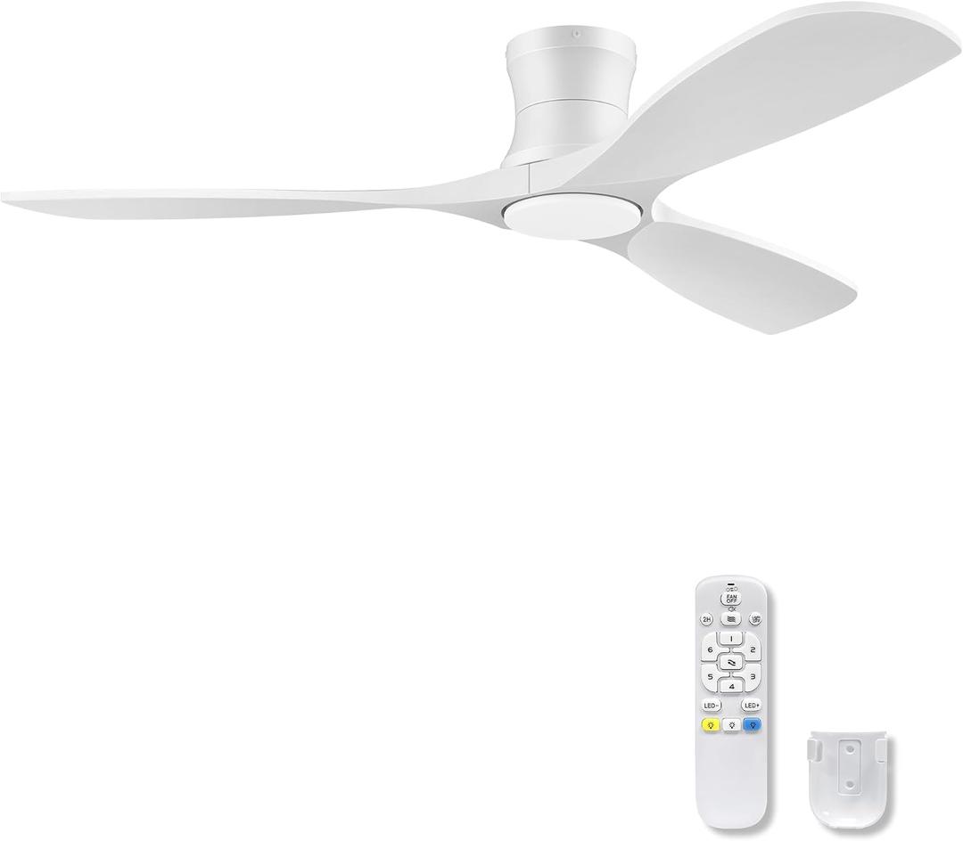 52" White Wood Flush Mount Ceiling Fans with Lights and Remote,Quiet DC Motor,Dimmable,Reversible,Ultra Low Profile Ceiling Fan for Master Bedroom Living Room Patio,Modern Indoor/Outdoor Use