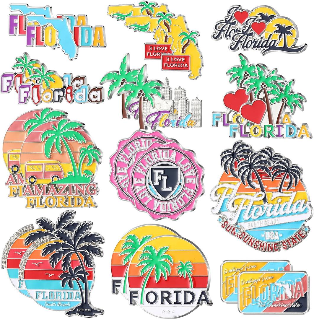 Konohan 24 Pcs Florida Magnets for Refrigerator Metal USA Fridge Magnet Magnetic Florida Souvenirs Gifts USA State Magnetic Refrigerator Stickers, Coconut Tree, Map, 1.18 inches - 2.36 inches