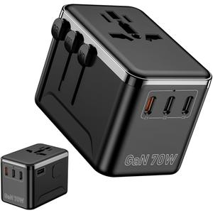 Universal Travel Adapter, 70W GaN International Power Adapter with 3 USB C and 1 USB A Fast Charging Ports, PD Wall Charger for iPhone, Worldwide Plug for EU UK US AUS (Type C/G/I/A)