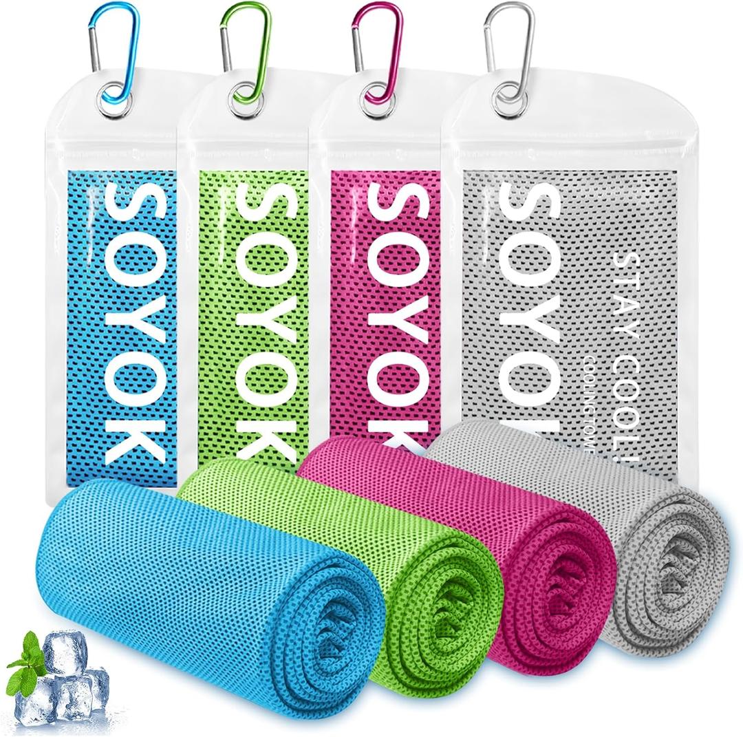 4 Packs Cooling Towel, 40" x 12" Microfiber Cooling Towels for Neck and Face, Soft Breathable Gym Towel for Working Out with Waterproof Bag & Carabiner, Sweat Towels for Running, Yoga, Travel, Climb (Multicolor)