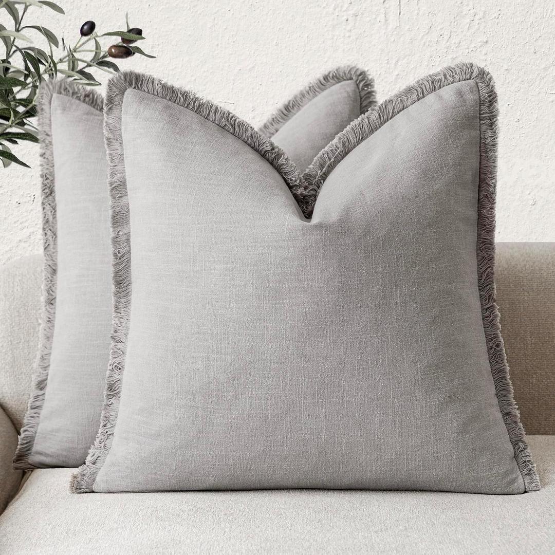 Foindtower Set of 2 Decorative Linen Fringe Throw Pillow Covers Cozy Farmhouse Cushion Cover with Tassels Accent Pillowcase for Couch Chair Sofa Bed Living Room Home Decor,2424 Inch,Light Rustic Gray