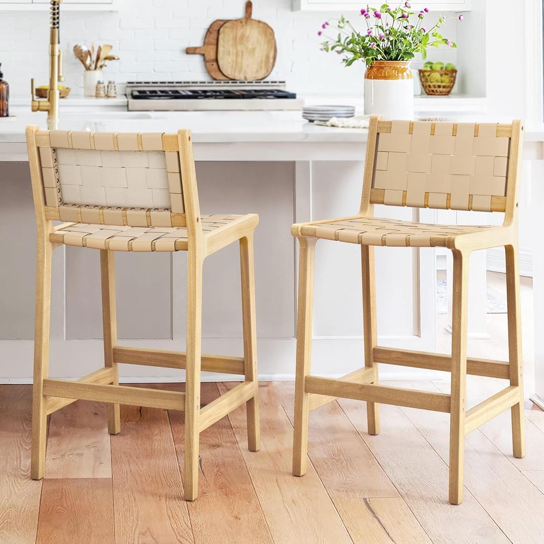 LUE BONA Counter Height Bar Stools 24inch, Set of 2 Faux Leather Woven Counter Stool with Backs, Woven Strips Rattan Barstools with Wood Legs for Dining Room Home Kitchen, Deep Beige