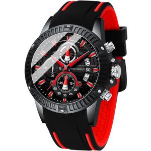 MF MINI FOCUS Men Watch, Chronograph Waterproof Sport Analog Quartz Watches Blue Silicon Strap Fashion Wristwatch for Men (H-black Red)