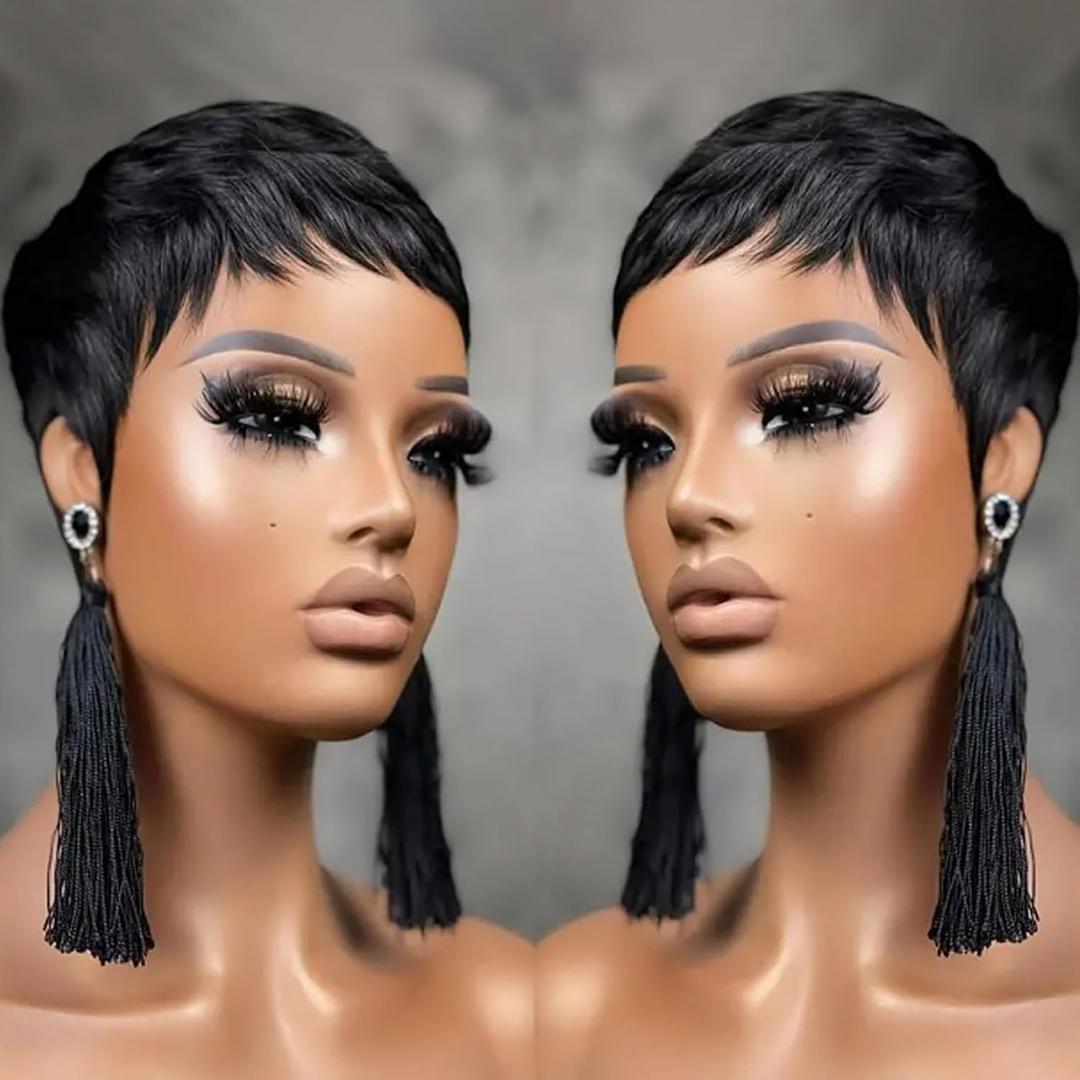Pixie Cut Wig Human Hair Short Straight Pixie Wigs for Black Women Glueless Layered Brazilian Virgin Human Hair Wigs For Women Natural Black Color 1B