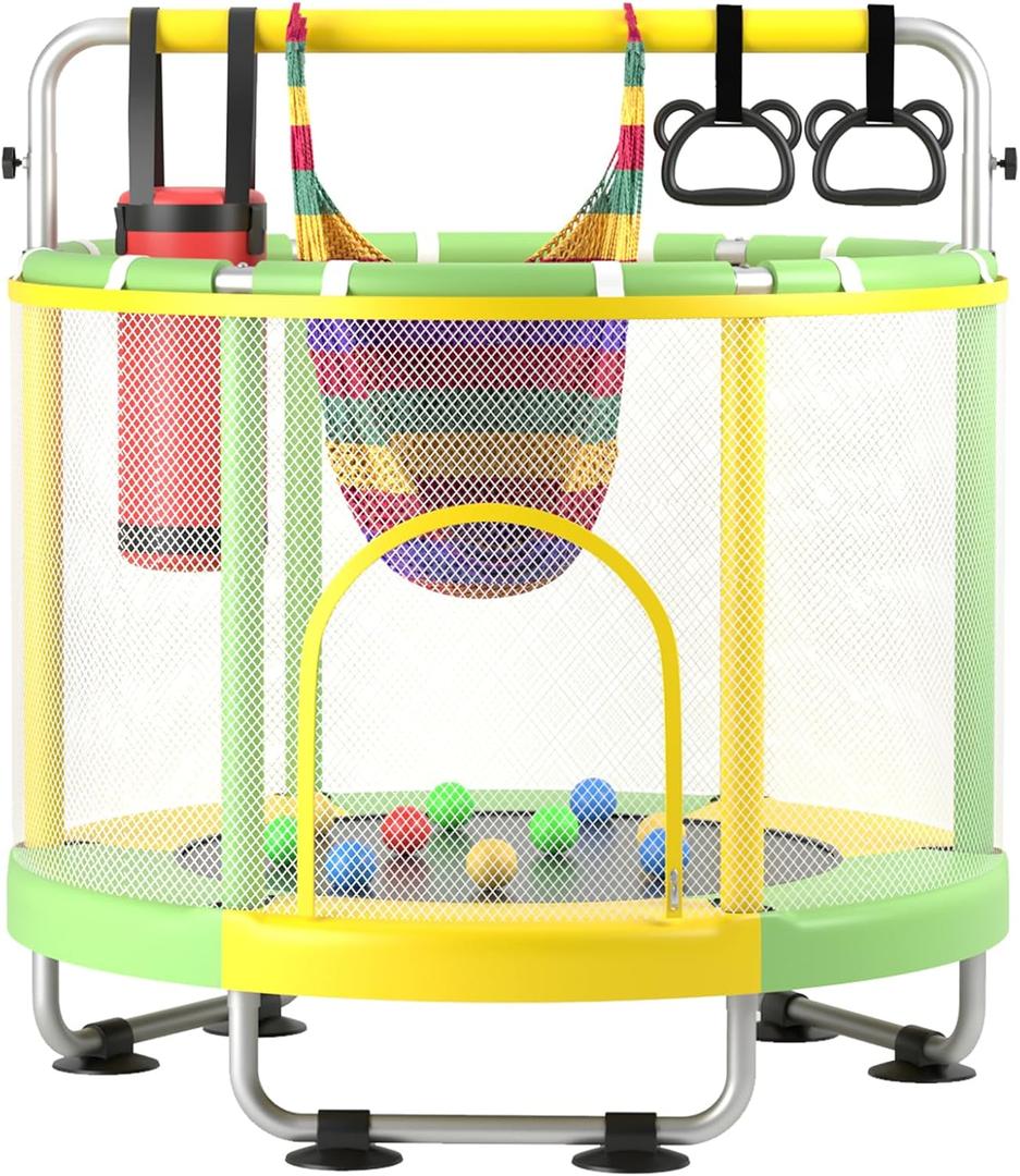 55" Trampoline for Kids with Enclosure, 440lbs Capacity Indoor & Outdoor Toddler Trampoline with Adjustable Gymnastics Bar & Toys, for Boys & Girls (Yellow Green)