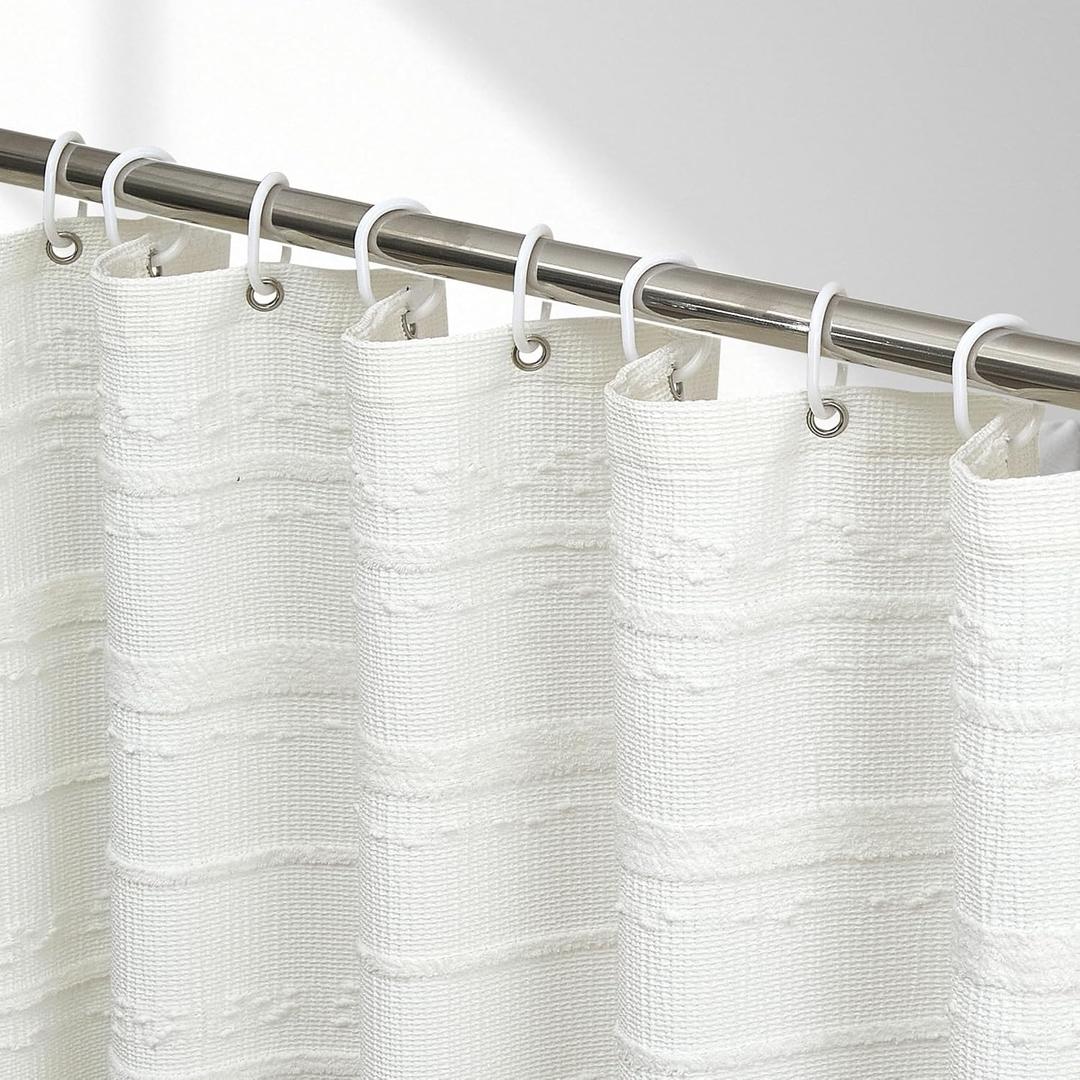 Extra Long Farmhouse White Shower Curtain Boho, 72 x 78 Cotton Blend Tufted Weave Waffle Stripe Textured Heavy Duty, Fabric Shower Curtain for Bathroom, Hotel