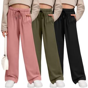 3 Pack Girls' Sweatpants Wide Leg Drawstring Casual Kids Joggers Open Bottom Loose Solid Teen Pants with Pockets (Large, Army Green, Coral Pink, Black)