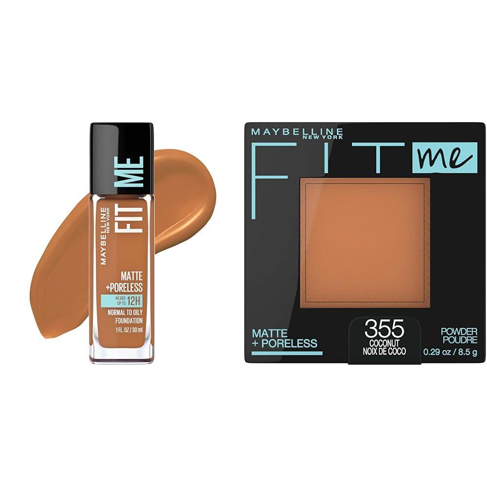 Maybelline Fit Me Matte + Poreless Liquid Foundation Makeup & Pressed Powder Face Makeup, Warm Coconut & Coconut, 1 Count Each