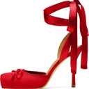 Satin Ballet Heels for Women Closed Square Toe Bow Ballerina Heels Lace Up High Heel Slingback Pumps Strappy Stiletto Mary Janes Elegant Party Shoes (6.5, Red)