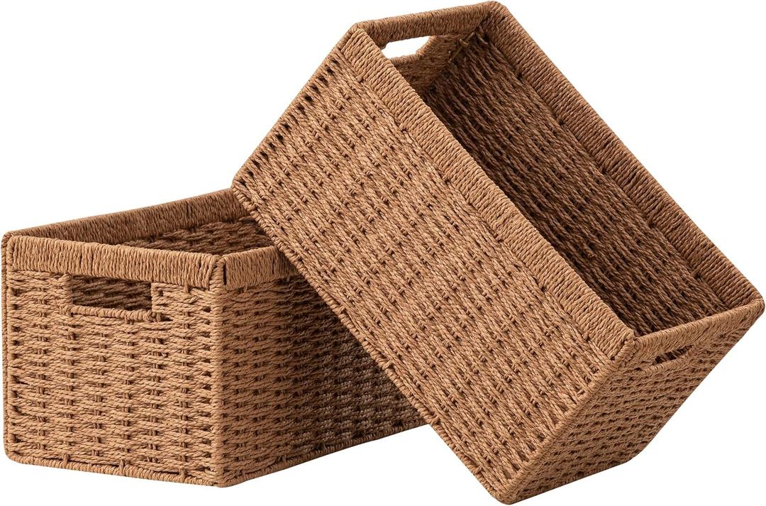 UBBCARE 2 Pack Wicker Basket, 13.4L8.3H7.1W inch Woven Paper Rope Storage Baskets for shelves, Foldable Rectangular Storage Baskets with Handle, Storage Basket for Organizing, Caramel