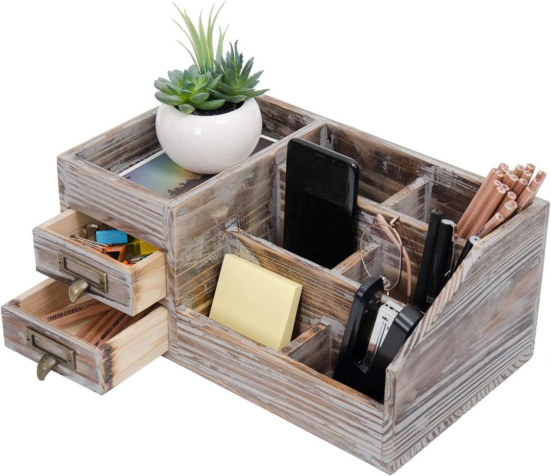 Liry Products Rustic Torched Wooden Desktop Organizer Dark Brown Tabletop Storage Cabinet Stepped Rack Multiple Compartments 2 Tier Drawers Makeup Accessory Sorter Display Box Home Office Supplies