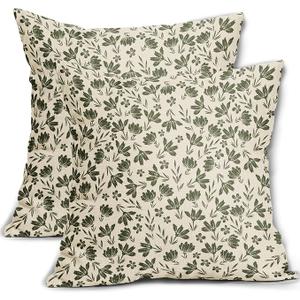 Olive Green Floral Pillow Covers 18x18 Set of 2 Vintage Rustic Old Style Cute Small Flower Green Cream Print Decorative Outdoor Pillowcases Farmhouse Throw Cushion Case Decor for Couch Sofa Bed