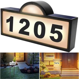 Solar House Numbers Address Sign, IP65 Waterproof Solar Address Plaque for Outside, 3200K Warm & 6500k Cold LED Illuminated House Numbers for Outdoor Wall Mounted & Home Yard Ground Address Number