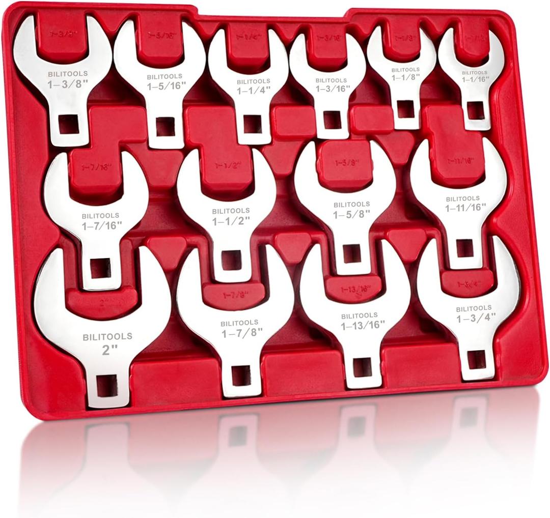 BILITOOLS 14-Piece Jumbo Crows Foot Wrench Set, 1/2" Drive Big Crowfoot Wrench, SAE, 1-1/16" - 2" mm, CR-V Steel