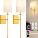 24.8 Inch Wall Sconces Battery Operated Set of 2, Rechargeable Wireless Wall Sconces Lights with Remote, Not Hardwired Dimmable Gold Wall Lamps with White Fabric Shade for Bedroom, 2 Bulbs Included