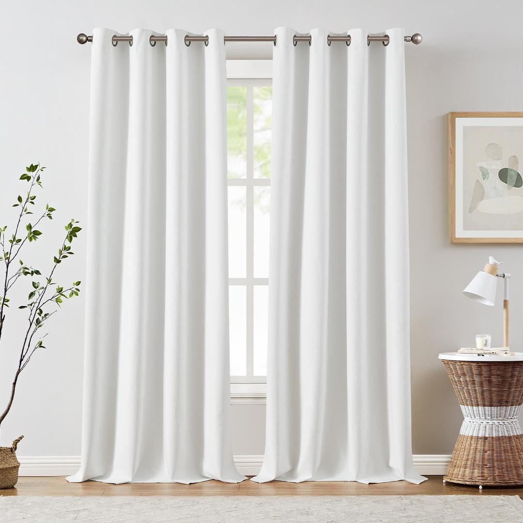 JINCHAN 100% Blackout Curtains for Bedroom, 96 Inch Length Linen Textured Drapes for Living Room, Thermal Insulated Full Light Blocking Curtains, Grommet Top Window Treatments 2 Panels Heathered White (50"W x 96"L (Pack of 2), 100% Blackout Off White)