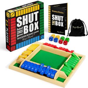 Classic Original Shut The Box Game, Math Dice Board Game for Family Night Classroom Travel, Wooden Table Top for Group Kid Adult Senior, Camp Party, Easy Quick and Fun, 2-4 Players,  8.7in