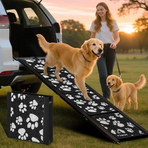 Dog Ramp for Car, Portable Folding Aluminum Pet Ramp with Non-Slip Paw Print Surface. Extra Wide Portable Ramp for Large, Small & Senior Dogs to Get in Cars, SUVs, Trucks & Beds, 71" Long & 17" Wide, Black 