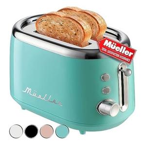 MÜELLERHOME Retro Toaster 2 Slice, 7 Browning Levels, 3 Functions (Reheat, Defrost, Cancel), Removable Crumb Tray, Under Base Cord Storage, Turquoise