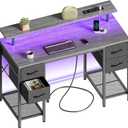 Huuger 47 inch Computer Desk with 4 Drawers, Gaming Desk with LED Lights & Power Outlets, Home Office Desk with Large Storage Space for Bedroom, Work from Home, Grey