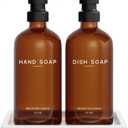 Amber Glass Hand and Dish Soap Dispenser Set by Brighter Barns - Kitchen Soap Dispenser Set with Tray for Kitchen, Airbnb, Vacation Rental or Restaurant - Modern Kitchen Decor & Accessories (Amber)