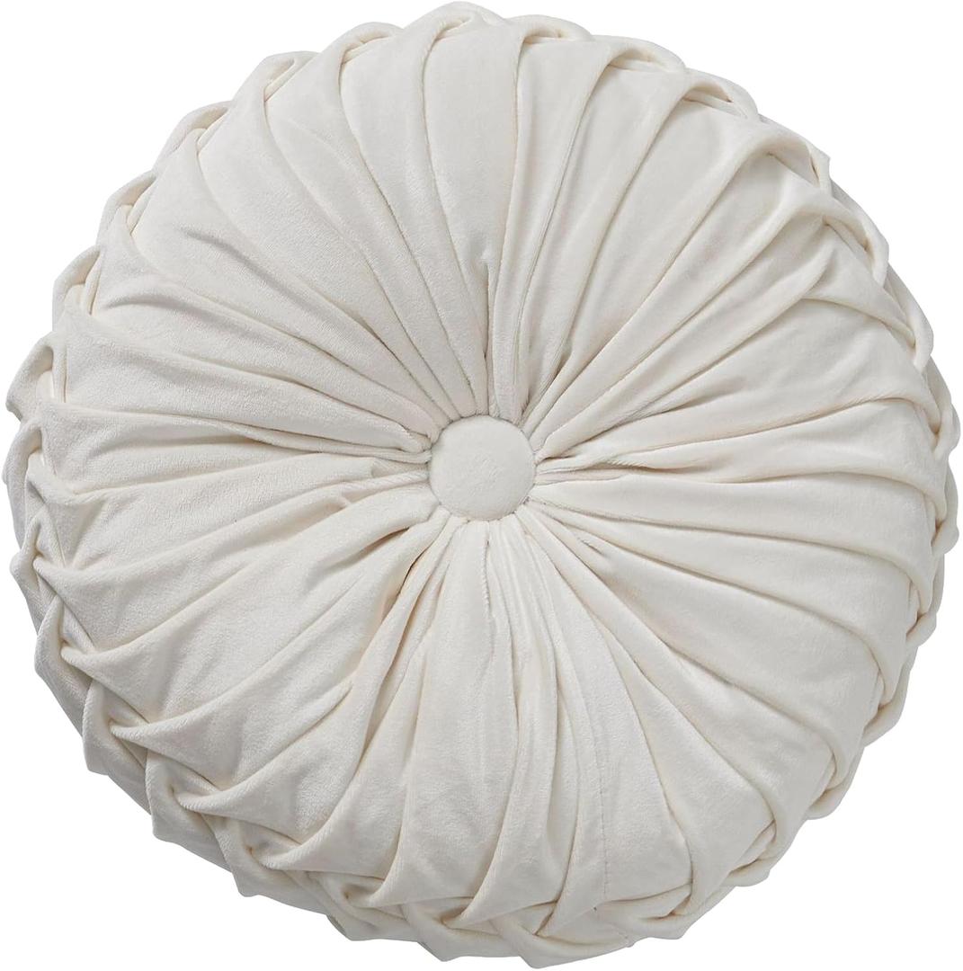 Round Throw Pillow Velvet Home Decoration Soft Pleated Pumpkin Round Floor Cushion for Couch Chair Bed Car Decorative (White 14inch)