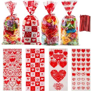 FloraSea 200PCS Valentines Day Gift Bags, Valentines Bag for Kids Class, Valentines Goodie Bags with Twist ties for Party Favor, Classroom Exchange Prizes, Valentines Candy Bags