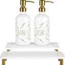 Kitchen Soap Dispenser Set, 16oz Hand and Dish Soap Dispenser Set with 2 Instant Dry Trays, Stainless Steel Pump, Refillable Glass Bottle for Kitchen and Bathroom Countertop (White)