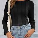 Tankaneo Womens Fitted Long Sleeve Shirts Ribbed Knit Going Out Tops Y2k Trendy Casual Crew Neck Tees Shirts (Black)